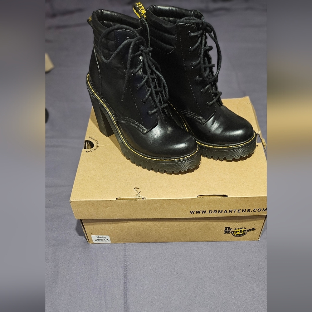 Dr. Martens Black Heeled Boots with Yellow Stitching Persephone Size 7 Womens